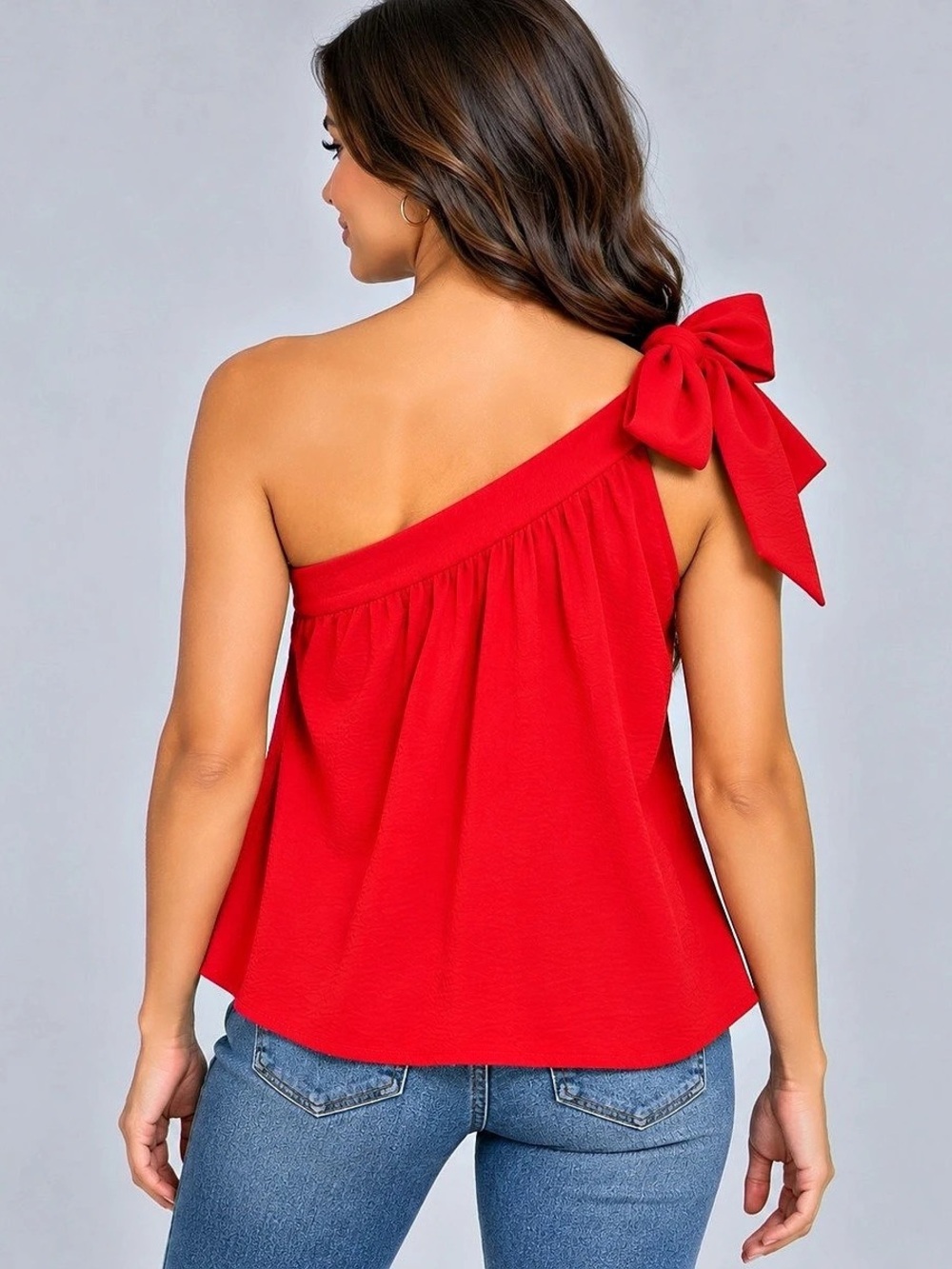 JODIFL Red One Shoulder Bow Tie Blouse Top Size Small Made in USA - Picture 2 of 6